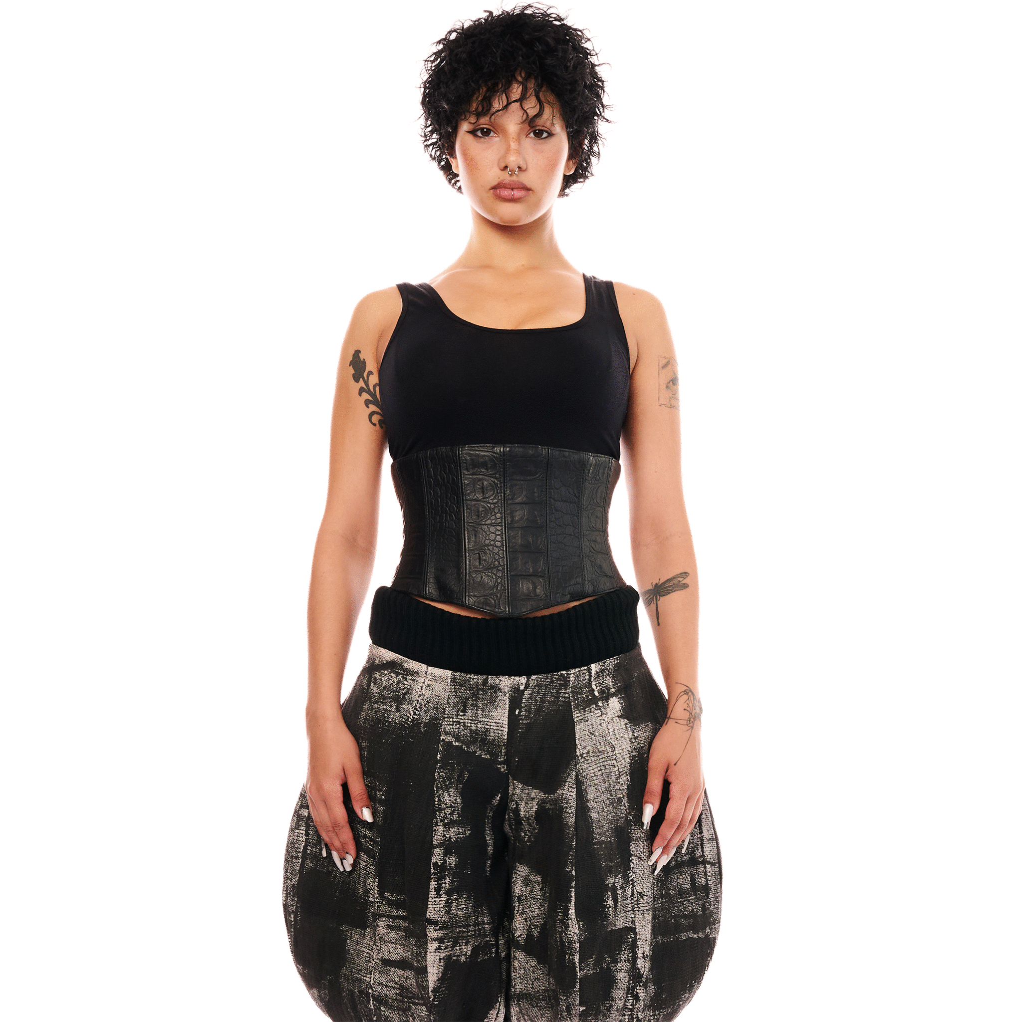 Embossed Leather Bustier Top, Black, MINON CAPSULE