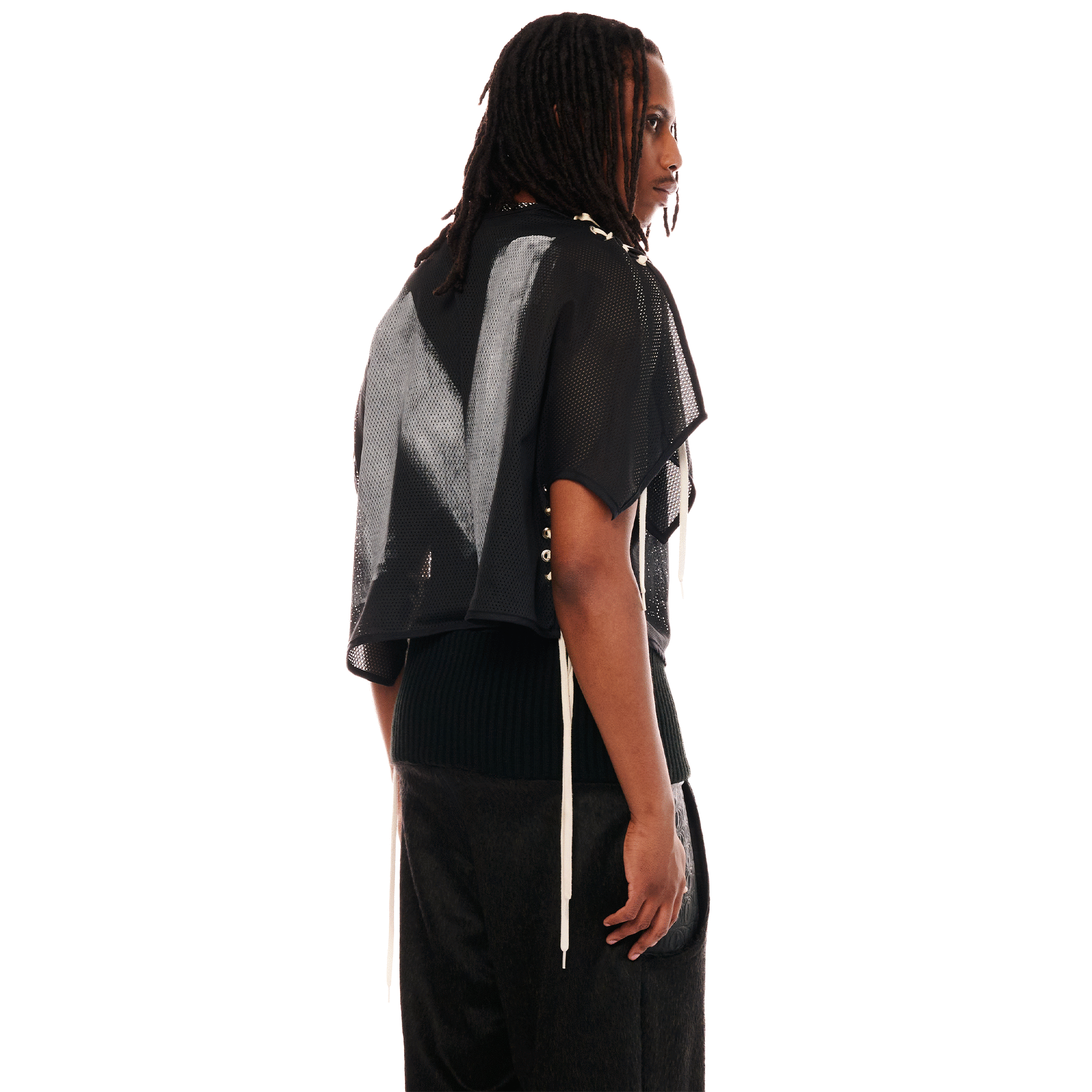 Mesh Laced up T-shirt, Unisex, Black, ENFANT-SOLDAT COLLECTION