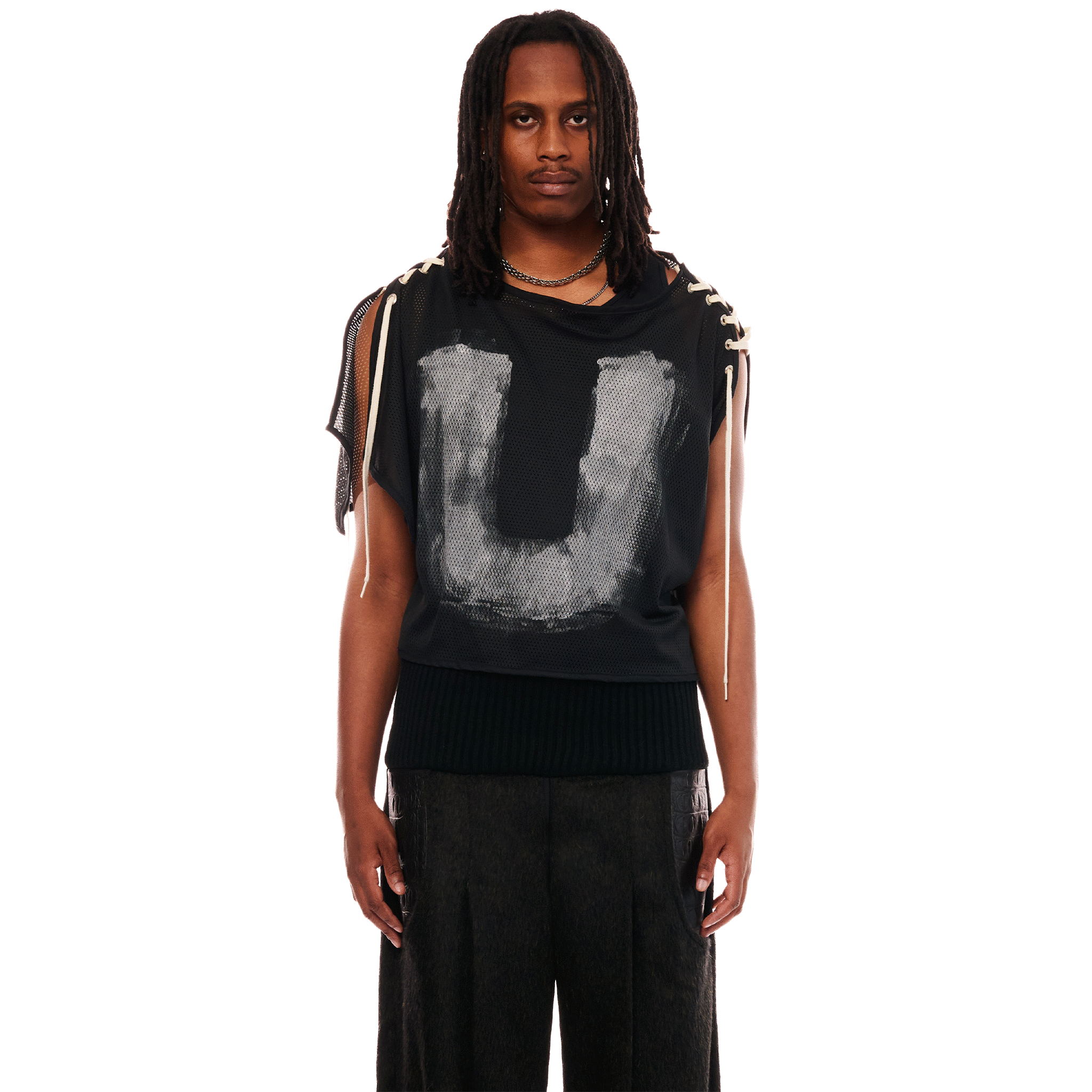Mesh Laced up T-shirt, Unisex, Black, ENFANT-SOLDAT COLLECTION