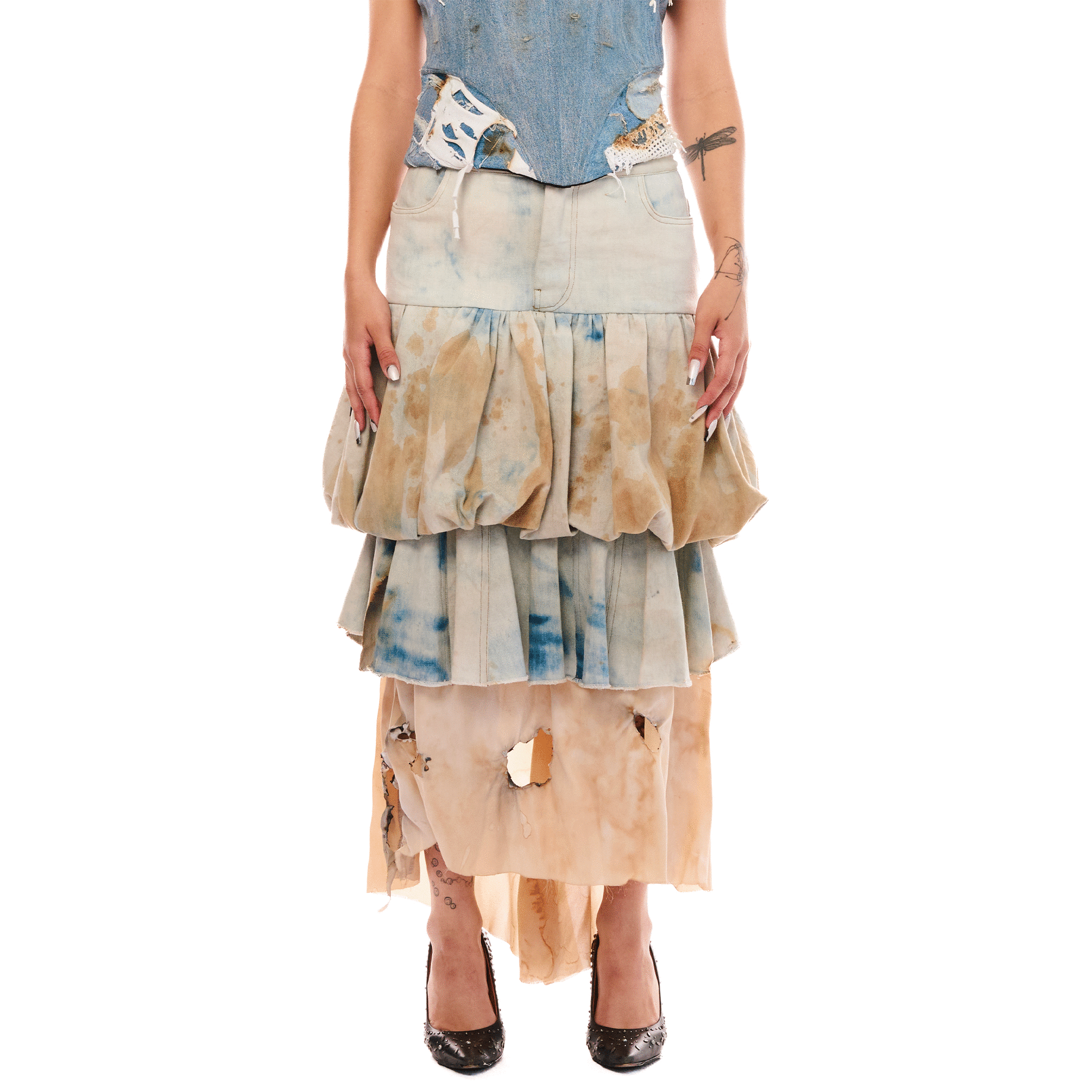 Destroyed Denim Bubble Skirt, Blue, YEMANYA CAPSULE