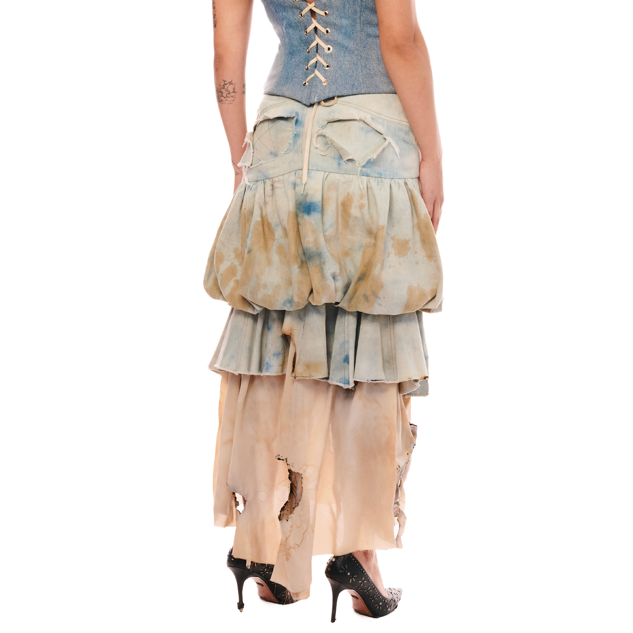 Destroyed Denim Bubble Skirt, Blue, YEMANYA CAPSULE