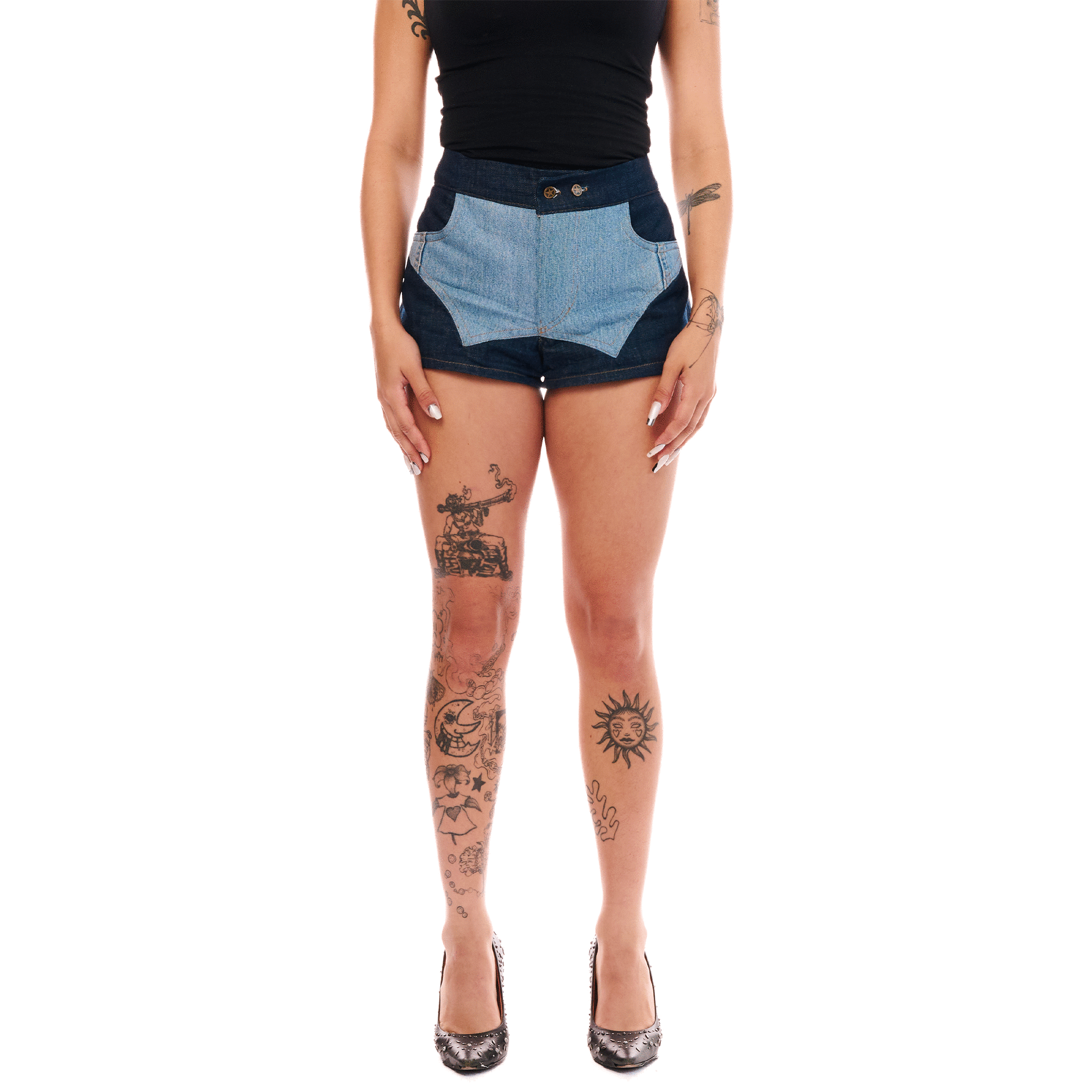 Patchwork Denim Buttcrack Mini-Shorts, Indigo Blue, MY GUN MY FREEDOM CAPSULE