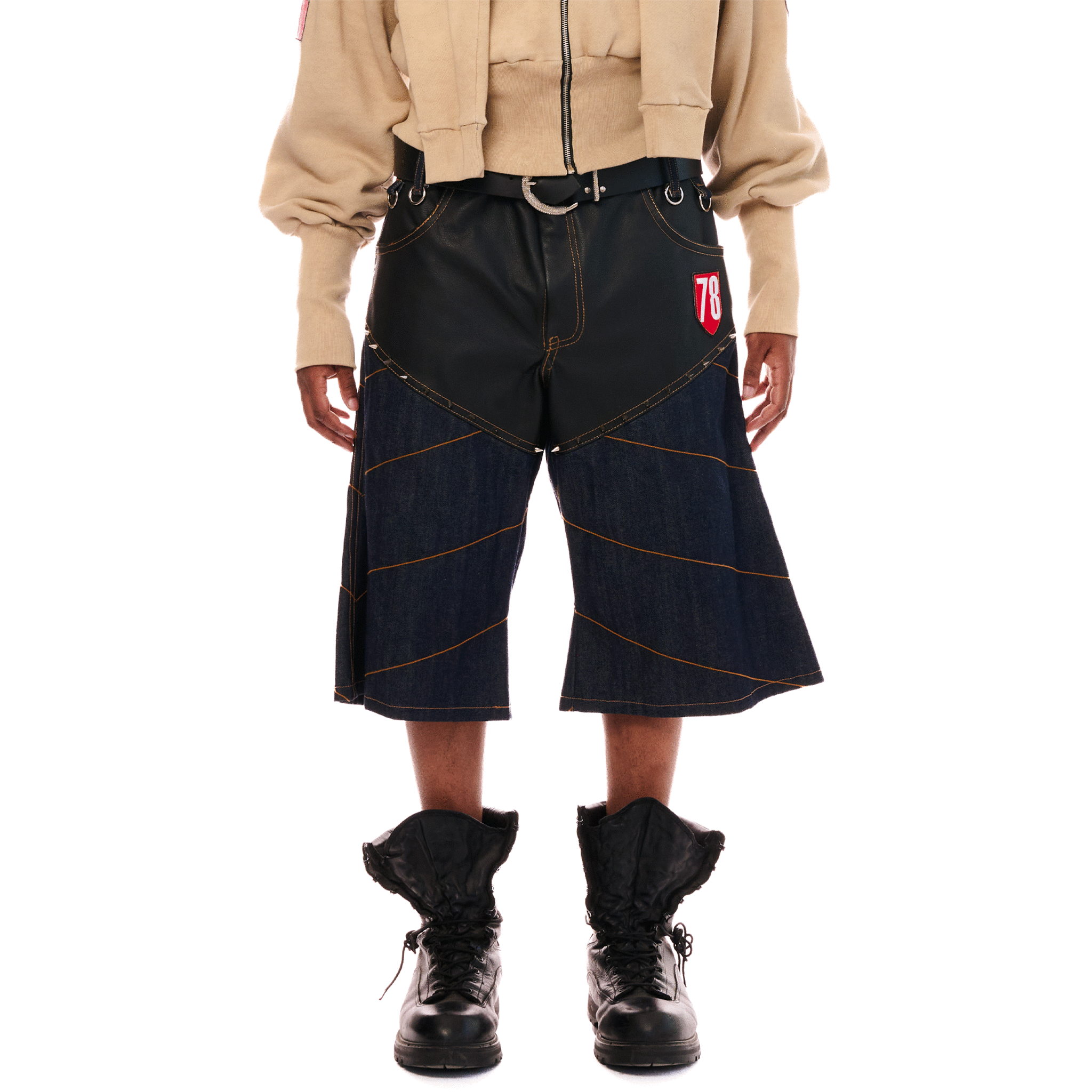 Selvedge Denim & Leather Jeans Shorts, Unisex Indigo Blue, FC SA-MÈRE CAPSULE
