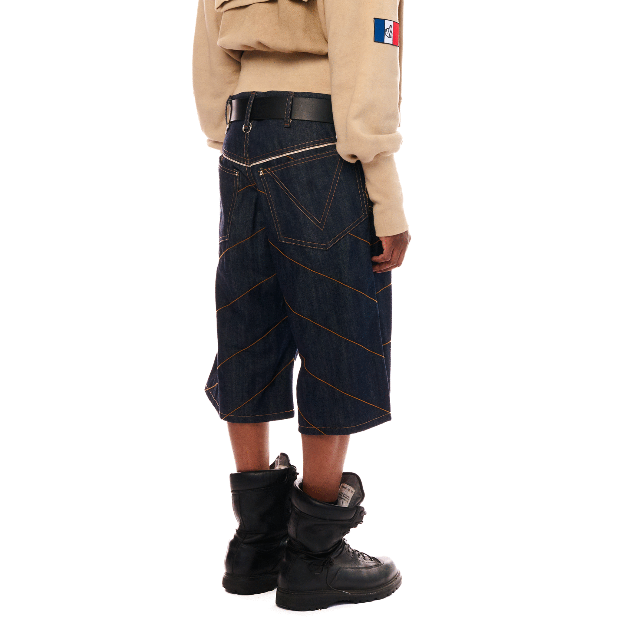 Selvedge Denim & Leather Jeans Shorts, Unisex Indigo Blue, FC SA-MÈRE CAPSULE