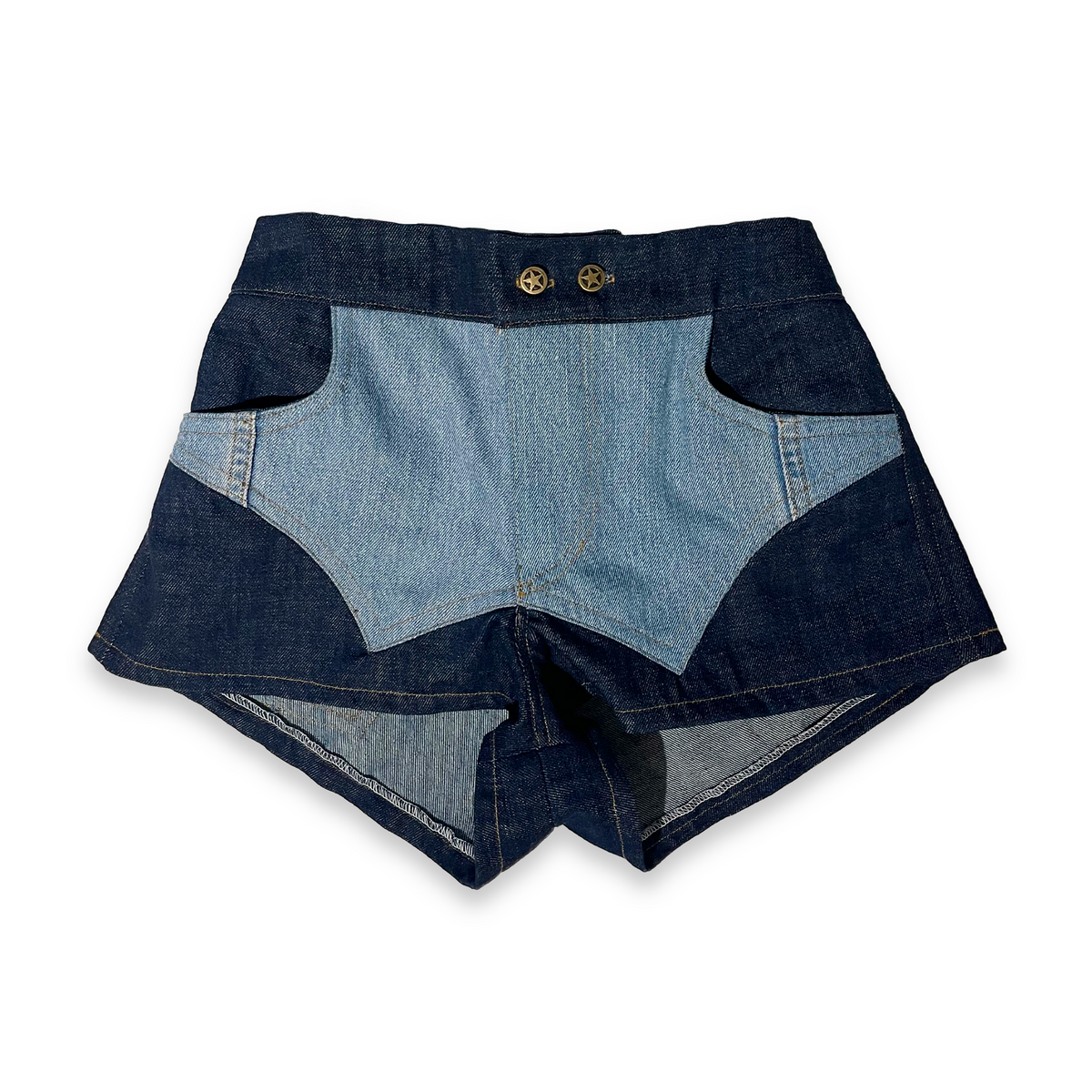 Patchwork Denim Buttcrack Mini-Shorts, Indigo Blue, MY GUN MY FREEDOM CAPSULE