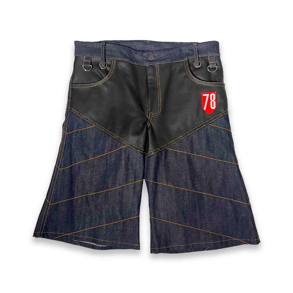 Selvedge Denim & Leather Jeans Shorts, Unisex Indigo Blue, FC SA-MÈRE CAPSULE